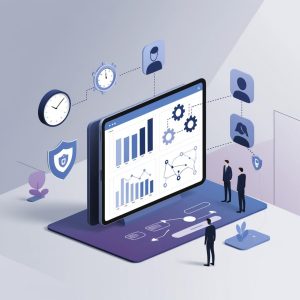 people interacting with a large digital dashboard displaying graphs and gears, symbolizing teamwork, analytics, and data security