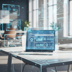 Laptop displaying a payroll analytics dashboard with futuristic digital interface overlays in a modern office, representing AI-powered payroll management, automation, and real-time business analytics.